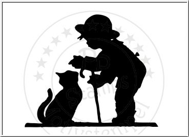 Junge mit Katze, schwarz, Silhouette